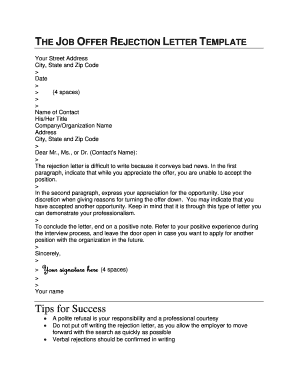 Job Offer Rejection Letter Template