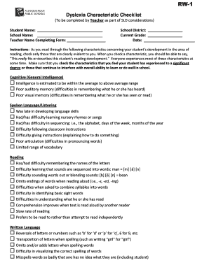 Dyslexia Characteristic Checklist