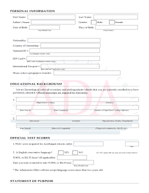 ADA University Transfer Application Form