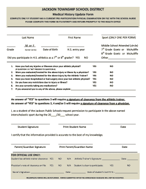 Jackson Township School District Medical History Update Form