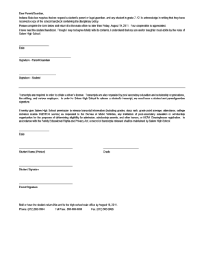 Indiana Student Handbook Acknowledgment Form