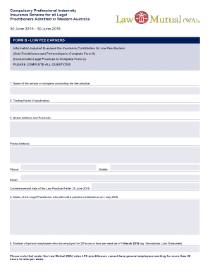 Western Australia Low Fee Earners Insurance Form