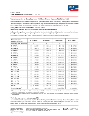 SMA Warranty Extension Comfort Order Form