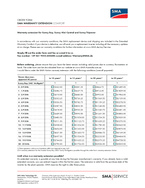 SMA Warranty Extension Order Form