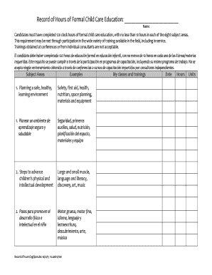 Child Care Education Hours Record Form