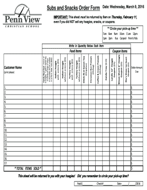 Subs and Snacks Order Form Date Wednesday March 9 2016 - pennview
