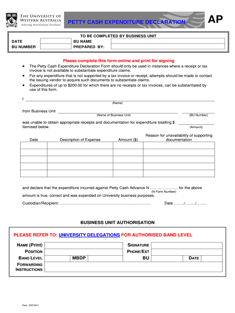 Fillable Online finserv uwa edu PETTY CASH EXPENDITURE DECLARATION AP ...