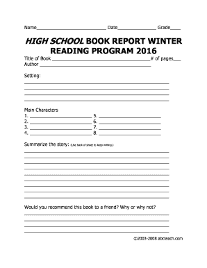 High School Book Report Form