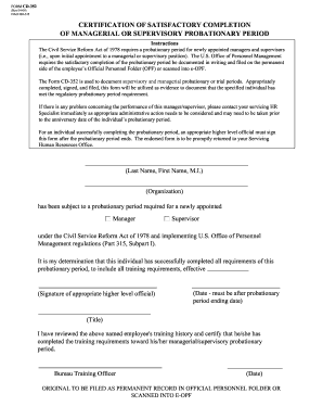 Form CD-352 Certification of Satisfactory Completion of Managerial or Supervisory Probationary Period