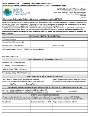 Application for Admission to Reception Class