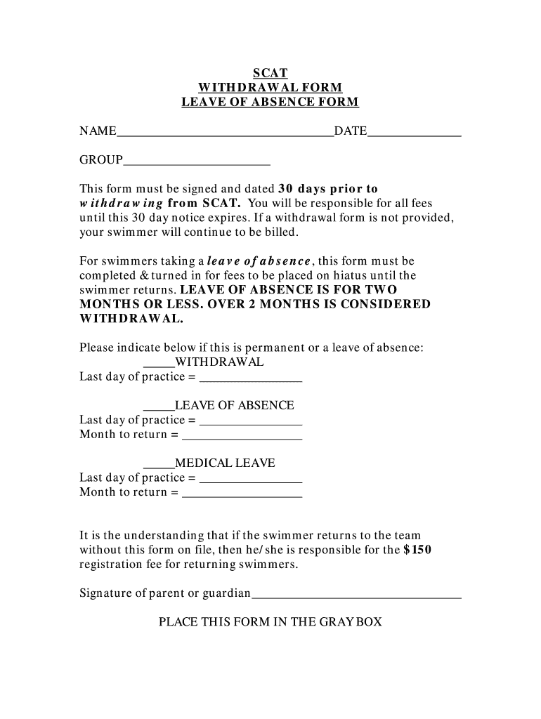 Fillable Online scatswimming SCAT WITHDRAWAL FORM LEAVE OF ABSENCE FORM ...
