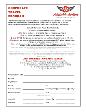 Mokulele Corporate Travel Program Application