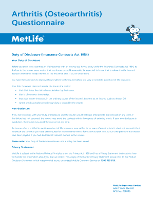 Arthritis Osteoarthritis Insurance Questionnaire