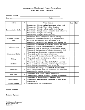 Work Readiness Checklist and Employment Application Form