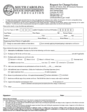South Carolina Educator Certification Request Form