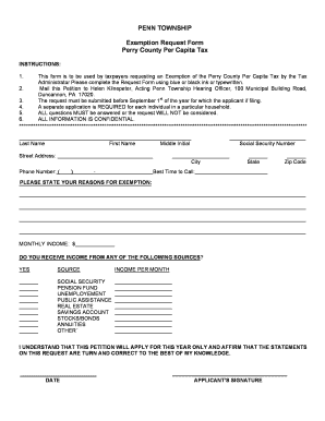 Penn Township Per Capita Tax Exemption Request Form