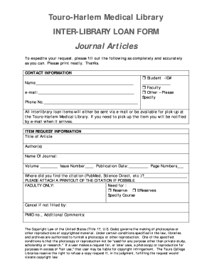 Touro-Harlem Medical Library Inter-Library Loan Form