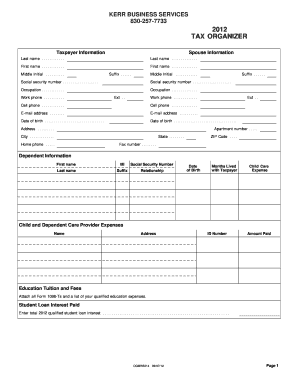 2012 US Tax Organizer Form