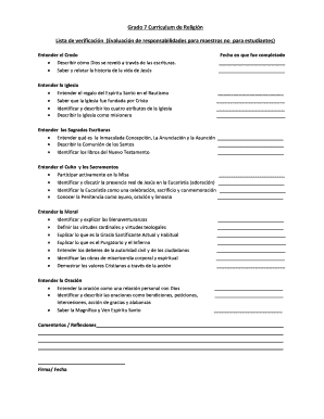 Grado 7 Curriculum de Religión Lista de verificación