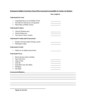 Kindergarten Religion Curriculum Check-off List
