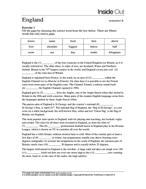 England Worksheet