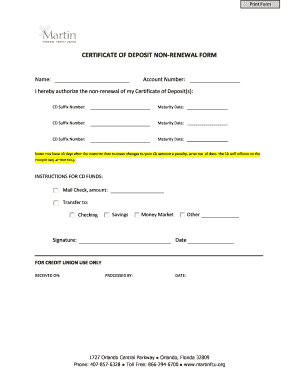 Certificate of Deposit Non-Renewal Form