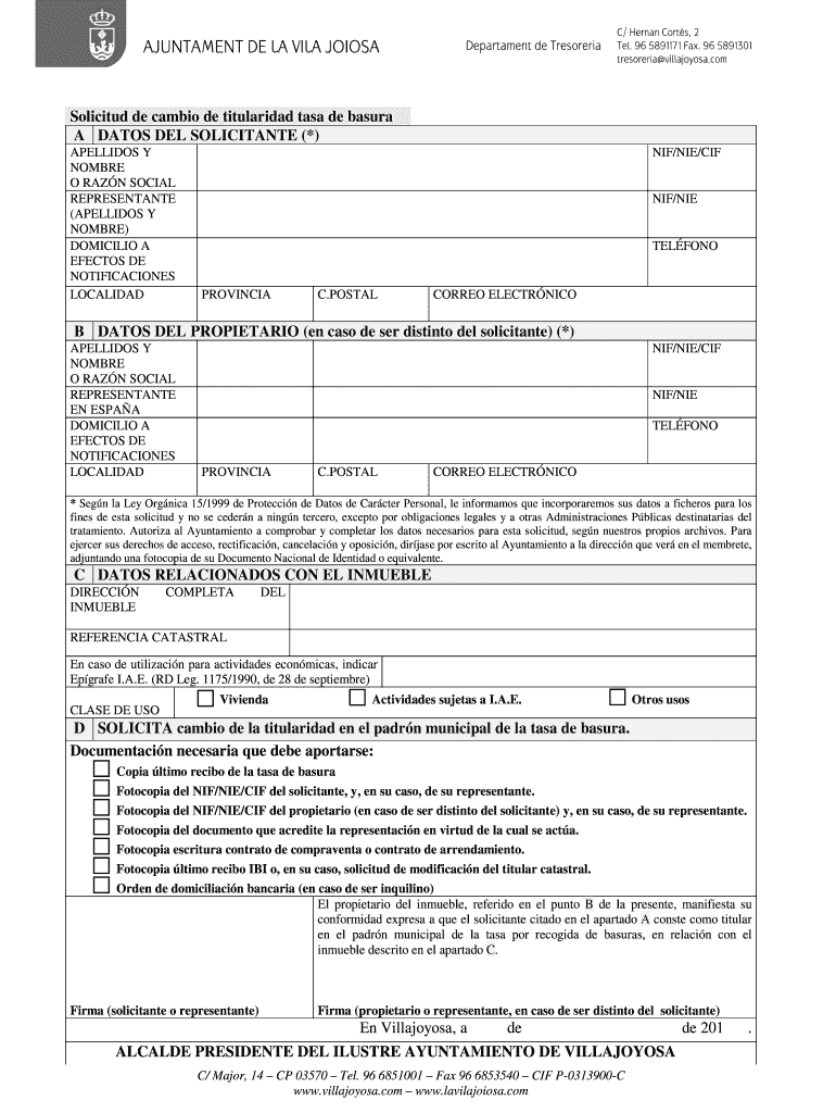 Solicitud de cambio de titularidad tasa de basura A - La Vila Joiosa Vista previa en la página 1