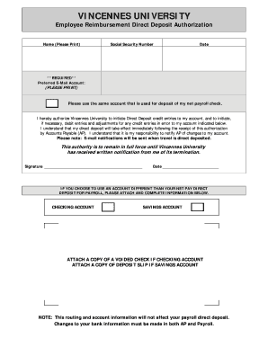 Employee Reimbursement Direct Deposit Authorization