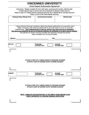 Vincennes University Direct Deposit Authorization