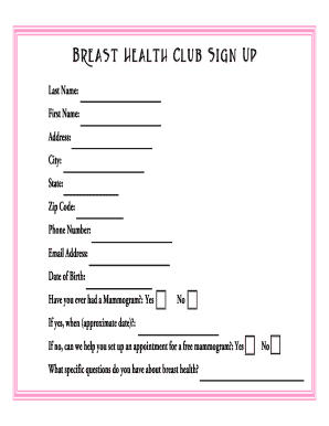 Breast Health Club Sign Up Form