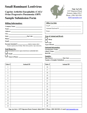 Sample Submission Form for Small Ruminant Lentivirus Testing