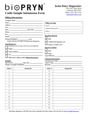 Kelm Dairy Diagnostics Cattle Sample Submission Form