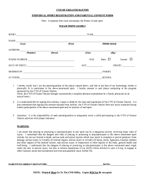 CYO of Greater Dayton Individual Sport Registration and Parental Consent Form
