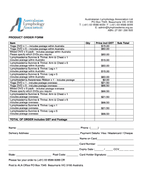 Australasian Lymphology Association Product Order Form