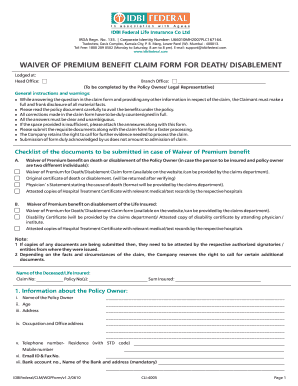Waiver of Premium Benefit Claim Form