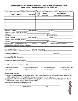 Children's church information sheet - Childrens Ministries Program Registration Form - fpcsiouxfalls