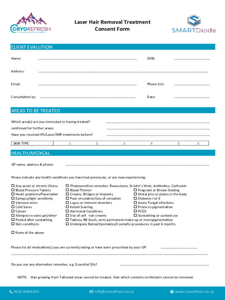printable laser hair removal treatment record form Preview on Page 1