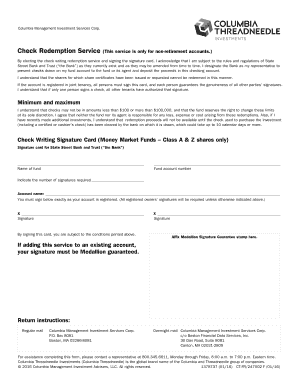 Check Redemption Service Signature Card