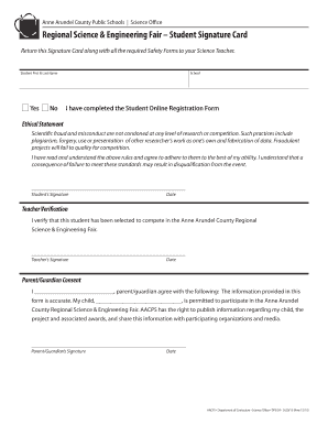 Anne Arundel County Regional Science Fair Student Signature Card