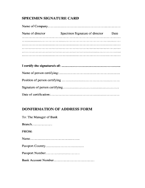 Specimen Signature Card and Confirmation of Address Form