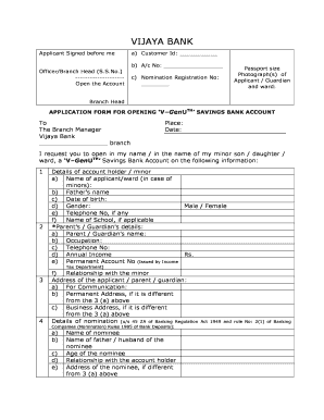 Vijaya Bank V-GenUTH Savings Account Application