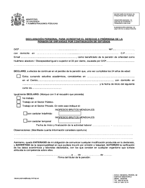 Declaración Personal para Acreditar el Derecho a Prórroga de la Pensión de Orfandad por Continuación de Estudios