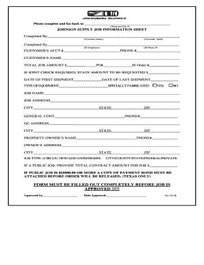 Johnson Supply Job Information Sheet