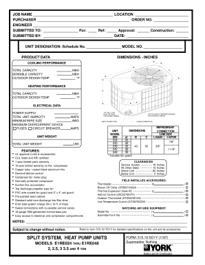 Split System Heat Pump Unit Specification Form