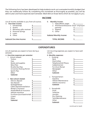 Student Budget Worksheet