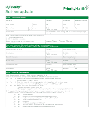 Priority Health Short-Term Health Insurance Application