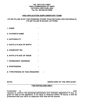 India Visa Application Supplementary Form