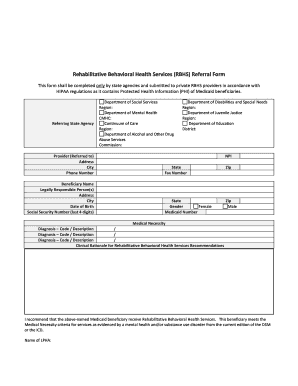 Rehabilitative Behavioral Health Services RBHS Referral bFormb - scdhhs