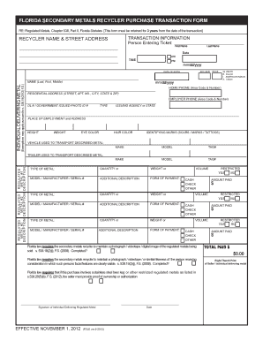 Florida Secondary Metals Recycler Purchase Transaction Form