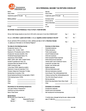 2015 Canada Personal Income Tax Return Checklist